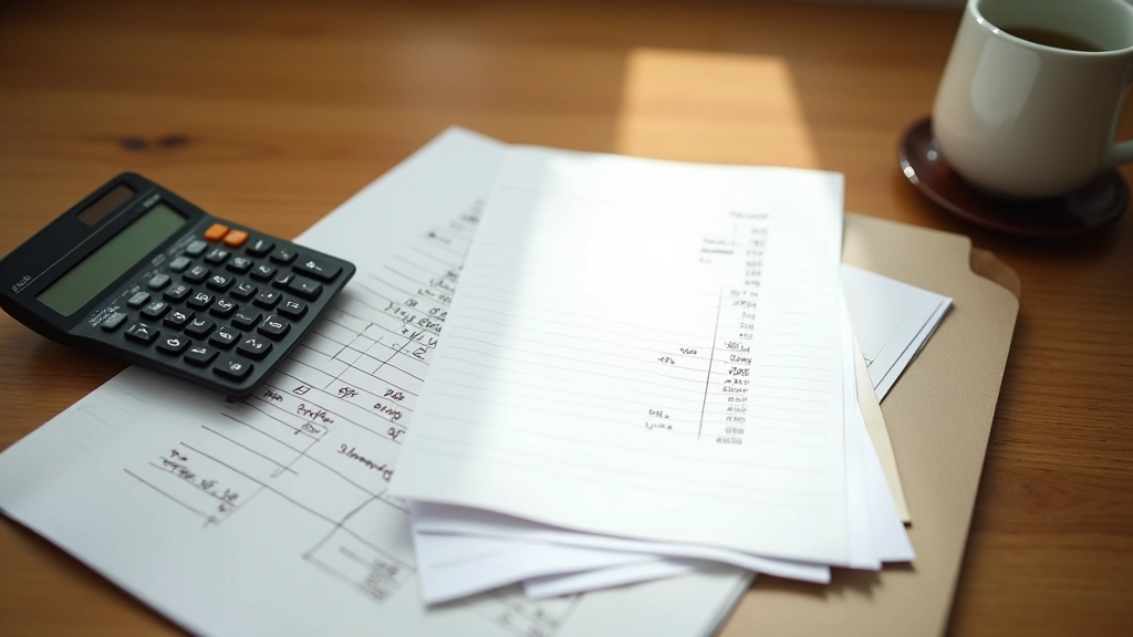 Calculatrice et bloc-notes avec annotations de budget immobilier sur table en bois