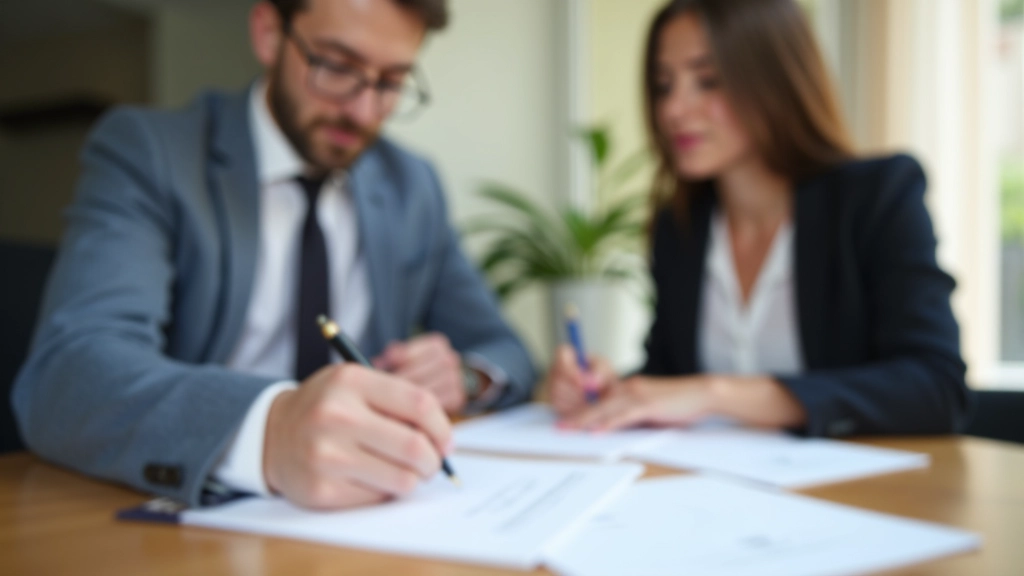 Propriétaire et locataire signant le contrat de location avec les documents officiels sur la table