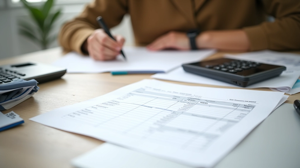 Bureau avec documents de location, calculatrice et plans d'appartement dans une ambiance de travail organisée