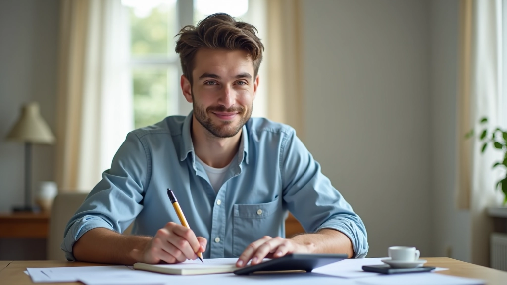 Jeune adulte utilisant une calculatrice pour planifier le budget de location d'appartement