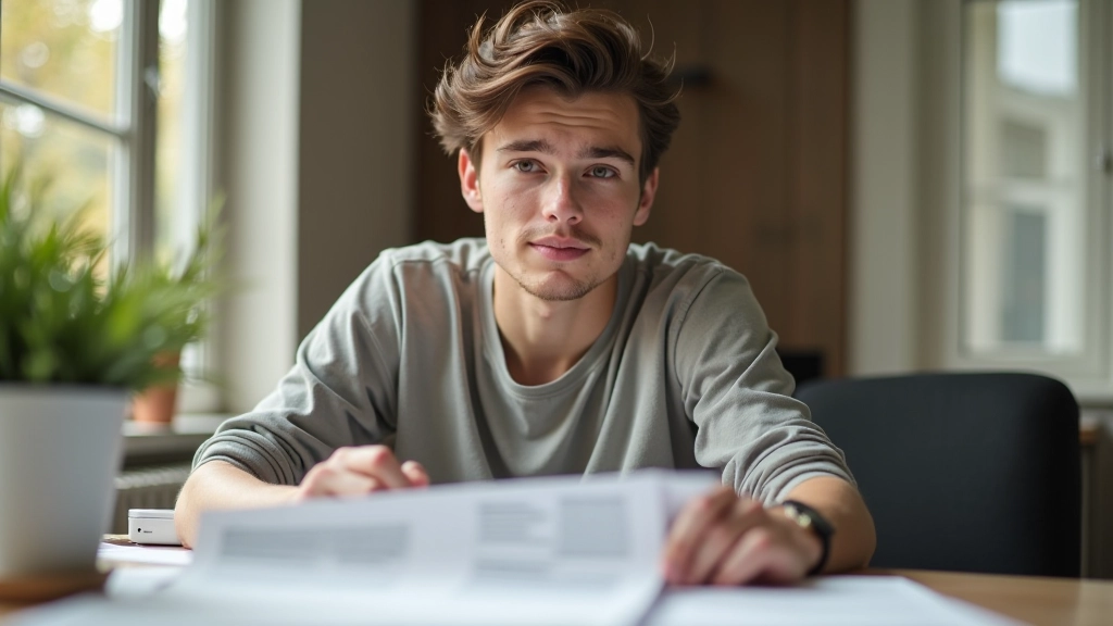 Jeune adulte planifiant son déménagement avec documents budgétaires et liste d'appartements sur un bureau