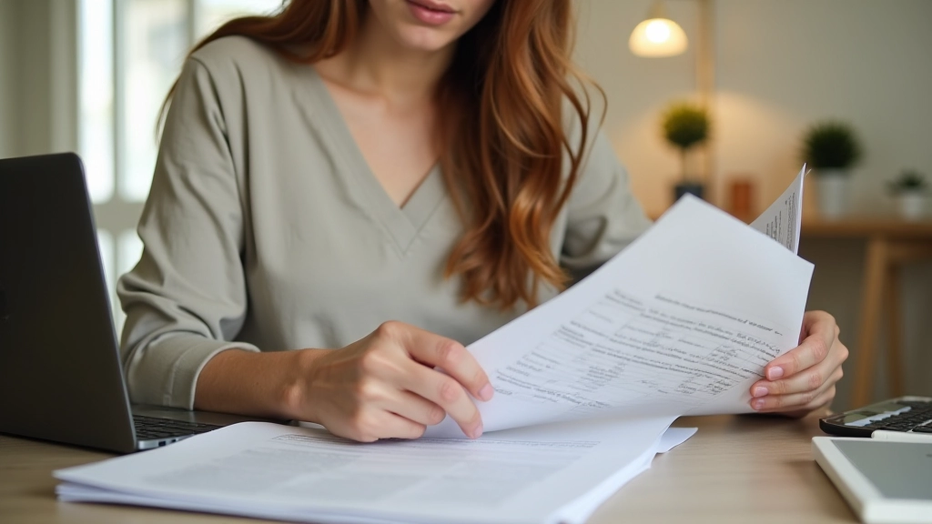 Jeune adulte organisant des documents de location et budget dans un espace de travail moderne