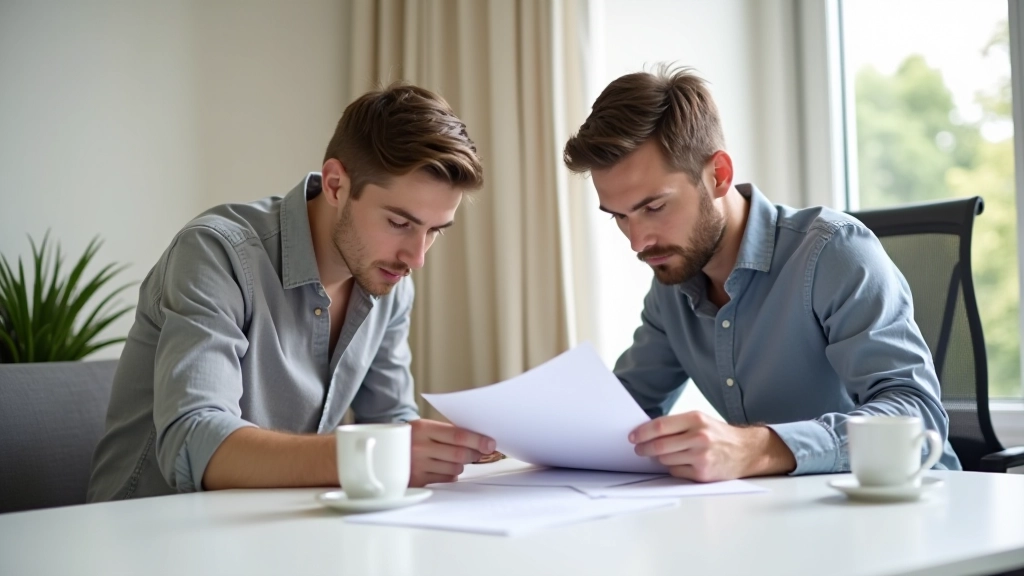 Couple regardant les documents de location et contrat d'appartement sur un bureau blanc
