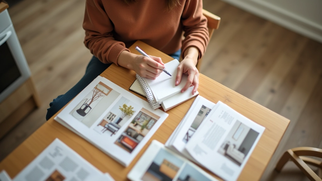 Jeune femme notant des listes d'achats pour meubles et équipements de cuisine sur un bloc-notes